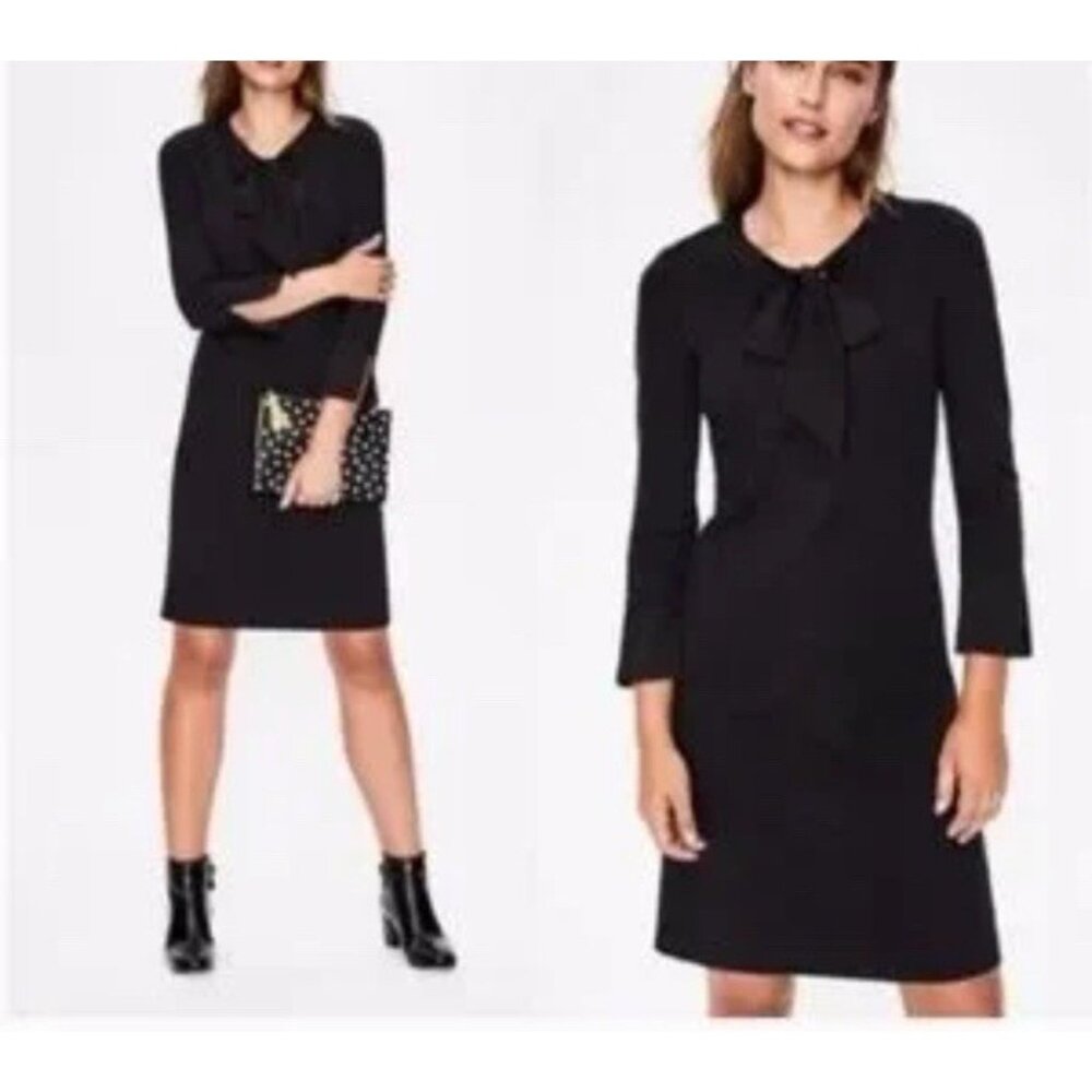 Boden Dress Navy Blue 6 L Stretch Cotton Sheath Long Sleeve Ruffle Trim Washable